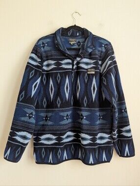 Vintage Y2K Mens Southwestern Blue Aztec Fleece Snap Button Pullover Outdoor